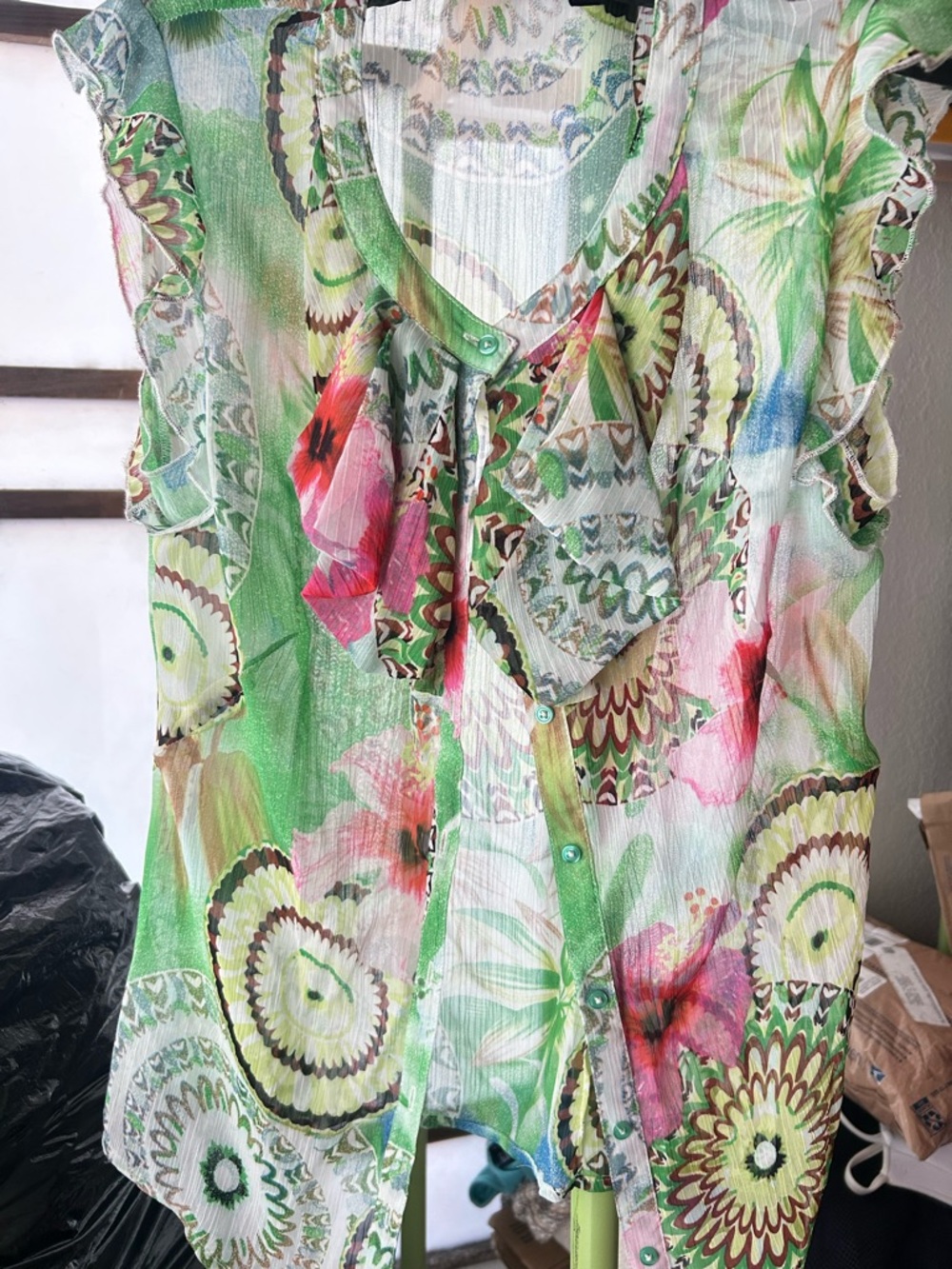 Floral Green Ruffle Tie-Neck Women's Blouse